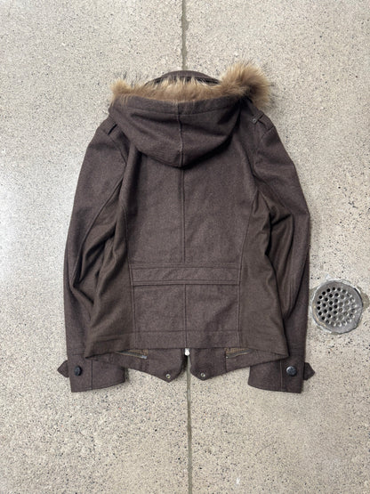 PPFM Fur Trim Napoleon Brown Wool Zip Coat