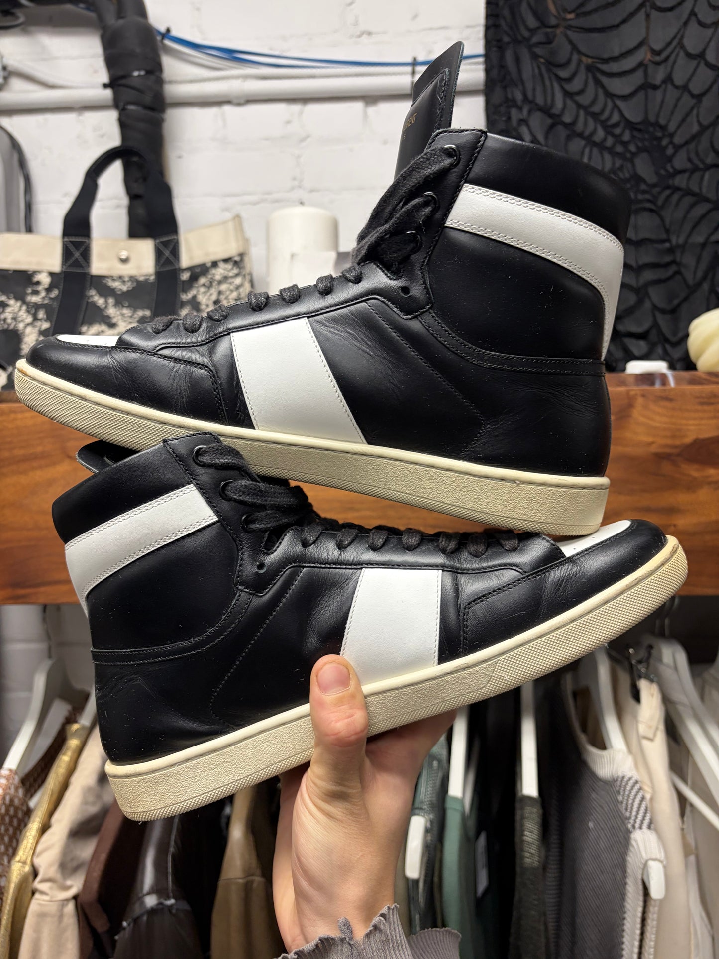 Saint Laurent ‘SL/10H’ Black & White Leather Court High Top Sneakers