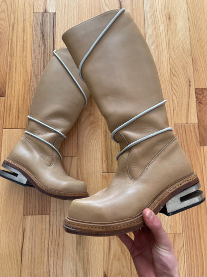 Dirk Bikkembergs Knee High ‘Bungee Cord’ Wraparound Brown Leather Metal Heel Boots.