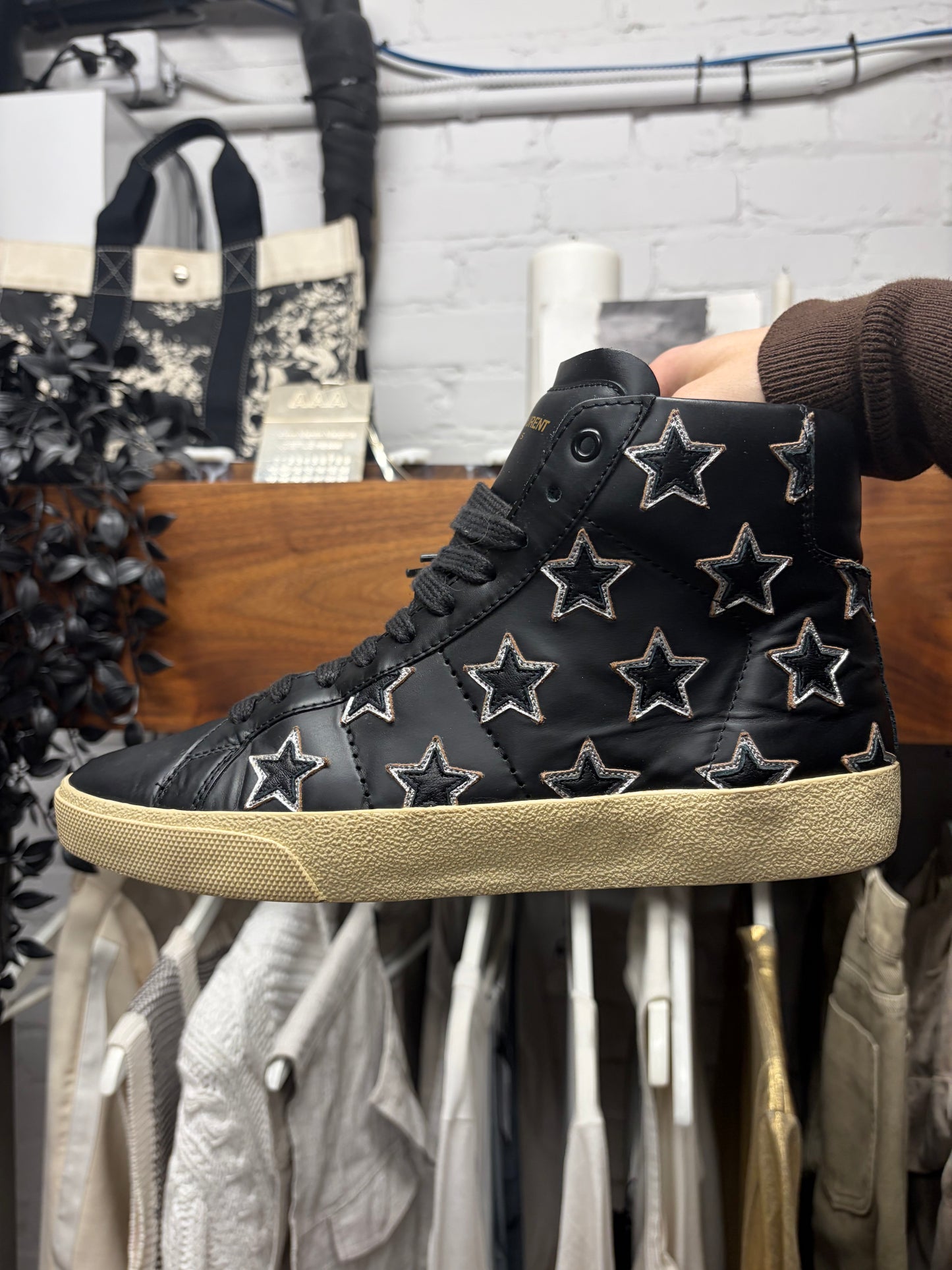 Saint Laurent ‘Star Appliqué’ Black Leather High Top Sneakers