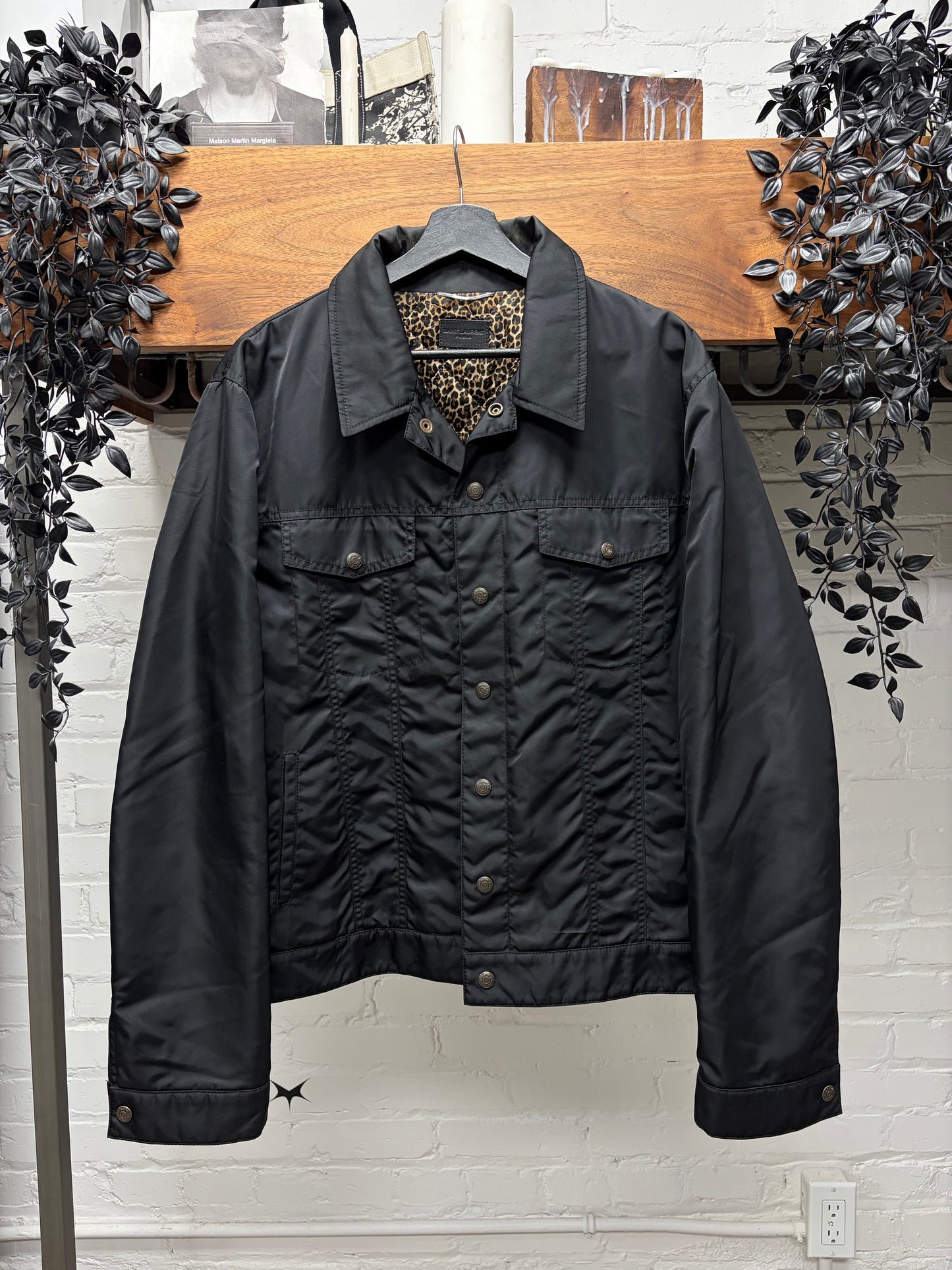 2021 Saint Laurent ‘Babycat’ Leopard Print Lined Black Trucker Jacket