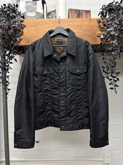 2021 Saint Laurent ‘Babycat’ Leopard Print Lined Black Trucker Jacket