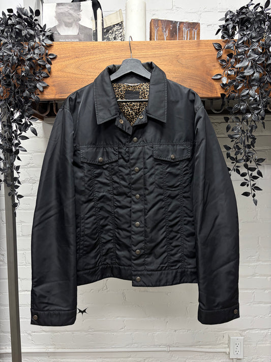 2021 Saint Laurent ‘Babycat’ Leopard Print Lined Black Trucker Jacket