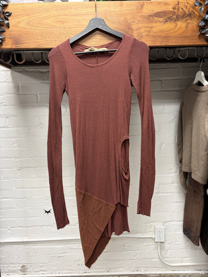 AW2003 Rick Owens ‘Trucker’ Dark Cherry Asymmetric Drape Long Sleeve Shirt
