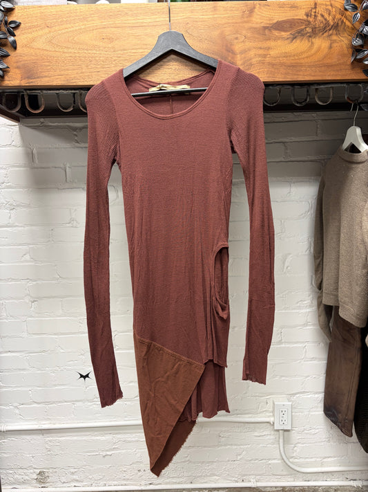 AW2003 Rick Owens ‘Trucker’ Dark Cherry Asymmetric Drape Long Sleeve Shirt
