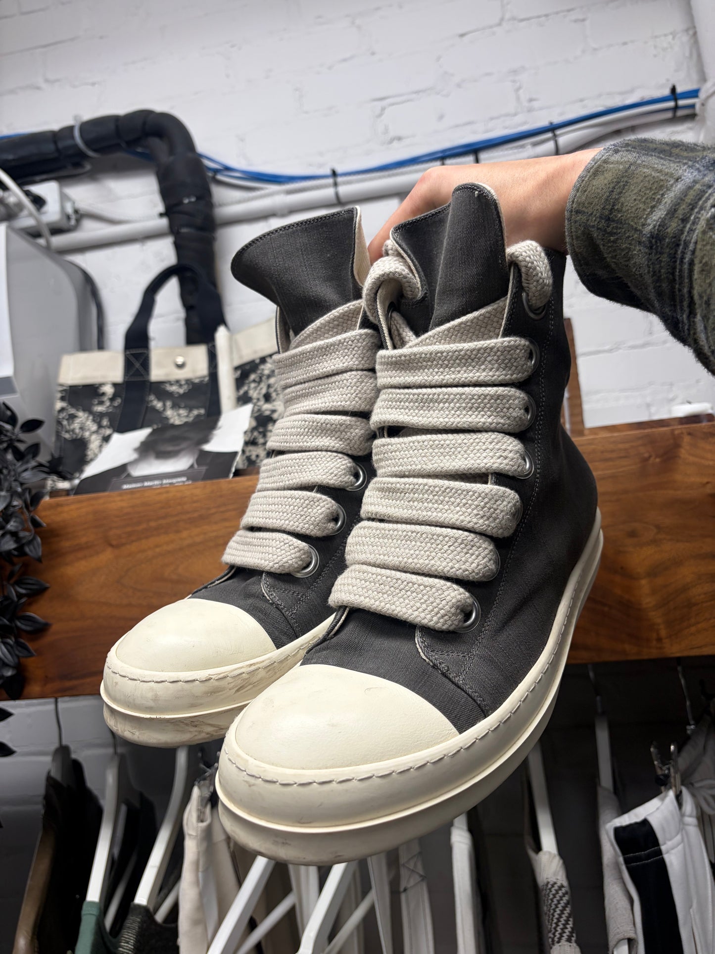 Rick Owens ‘Jumbo Lace’ Ramones Grey Canvas High Top Sneakers