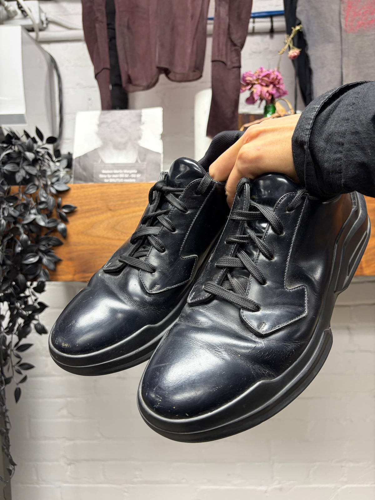 Prada ‘Stacked Sole’ Black Patent Leather Platform Low Top Sneakers