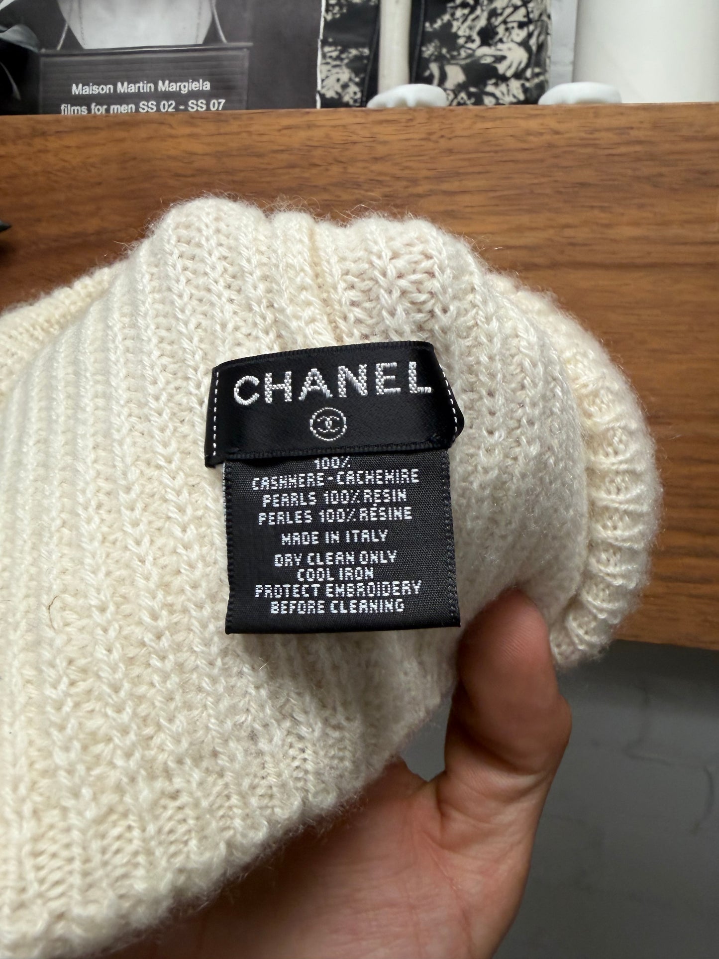 Chanel 100% Cashmere/Resin Pearl Cream ‘Cursive Logo’ Ribbed Knit Beanie