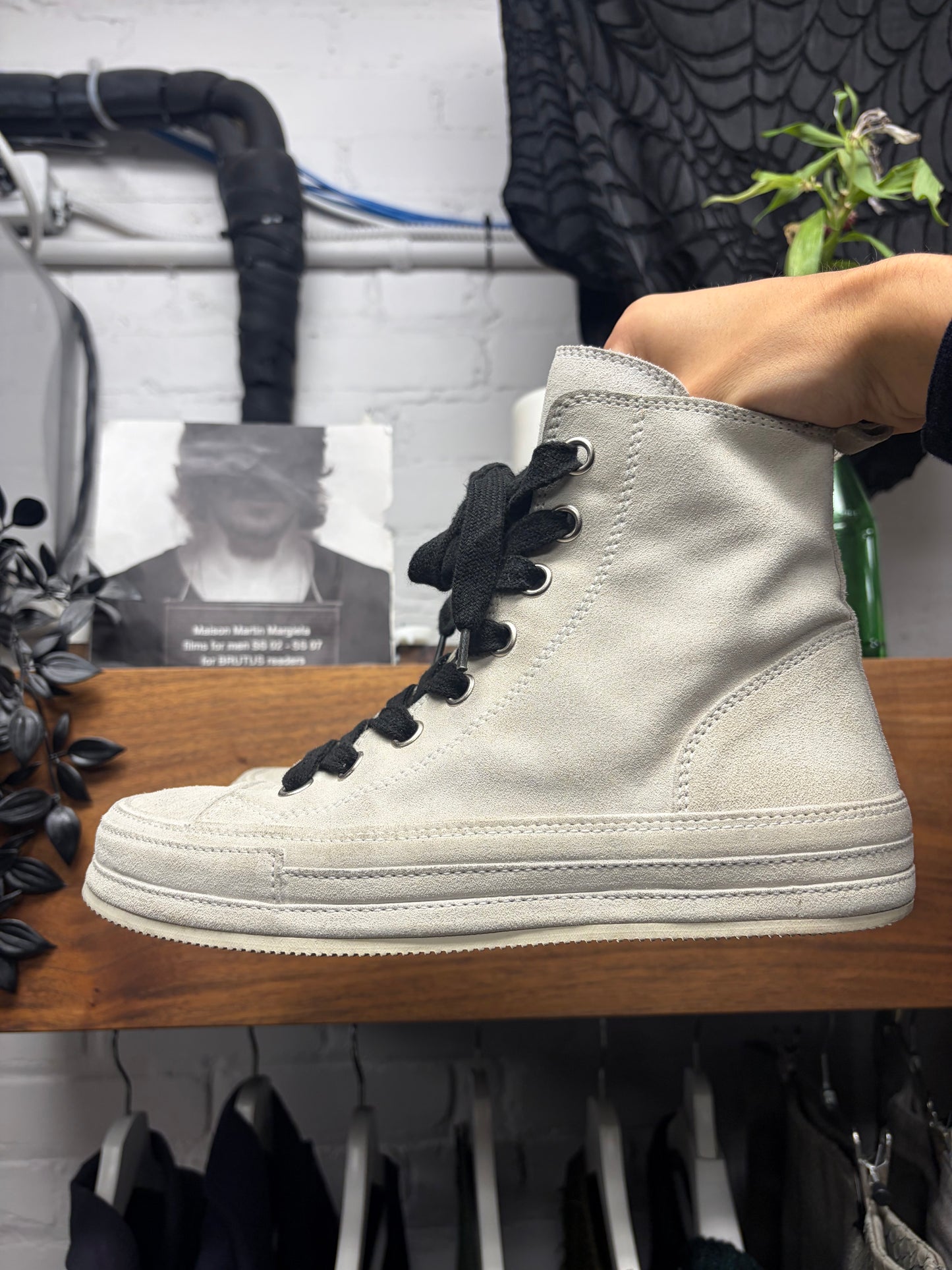 Ann Demeulemeester ‘Raven’ Cream Suede High Top Black Lace Sneakers
