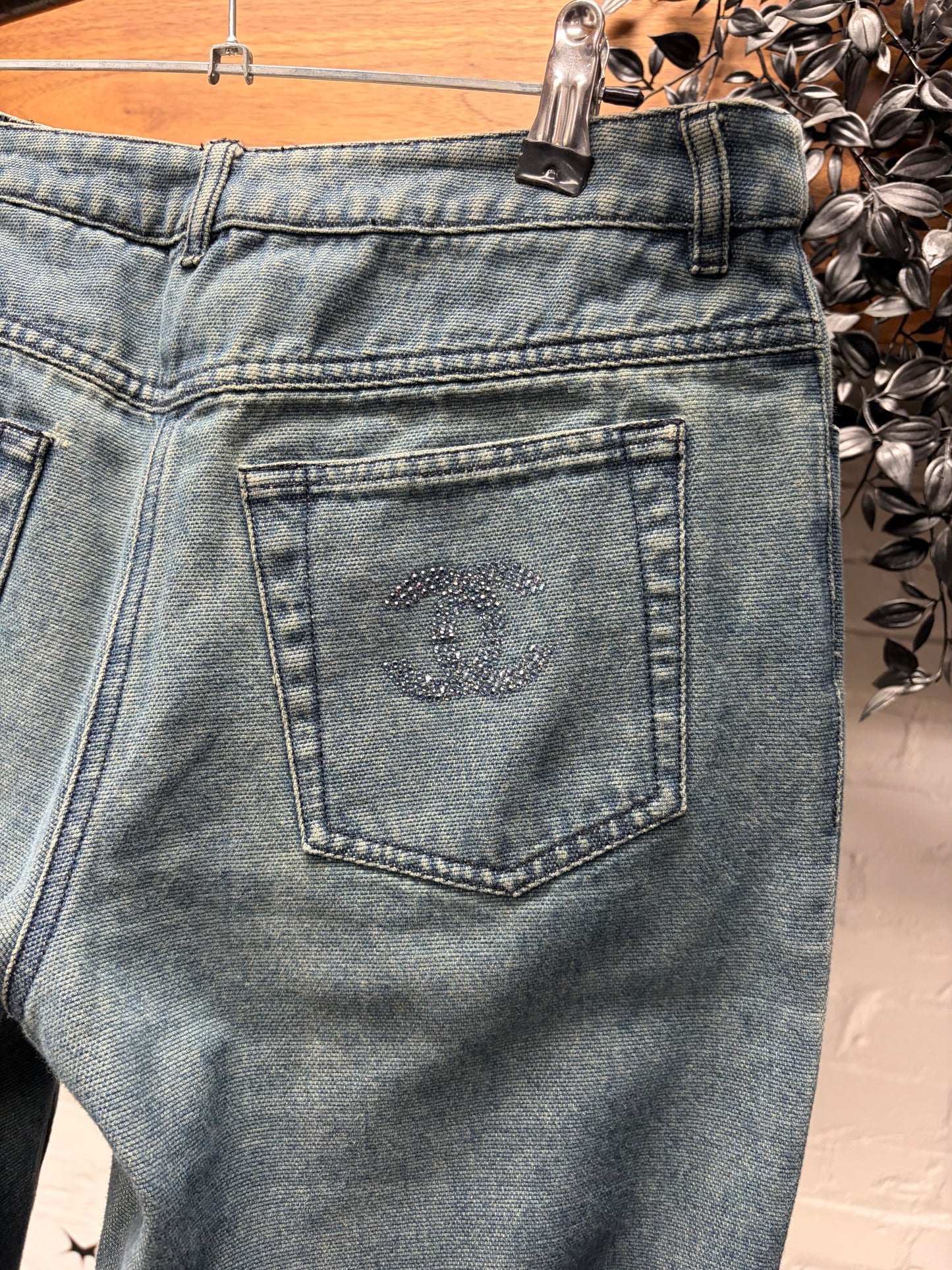 SS2001 Chanel Rhinestone Logo Flared Leg Denim