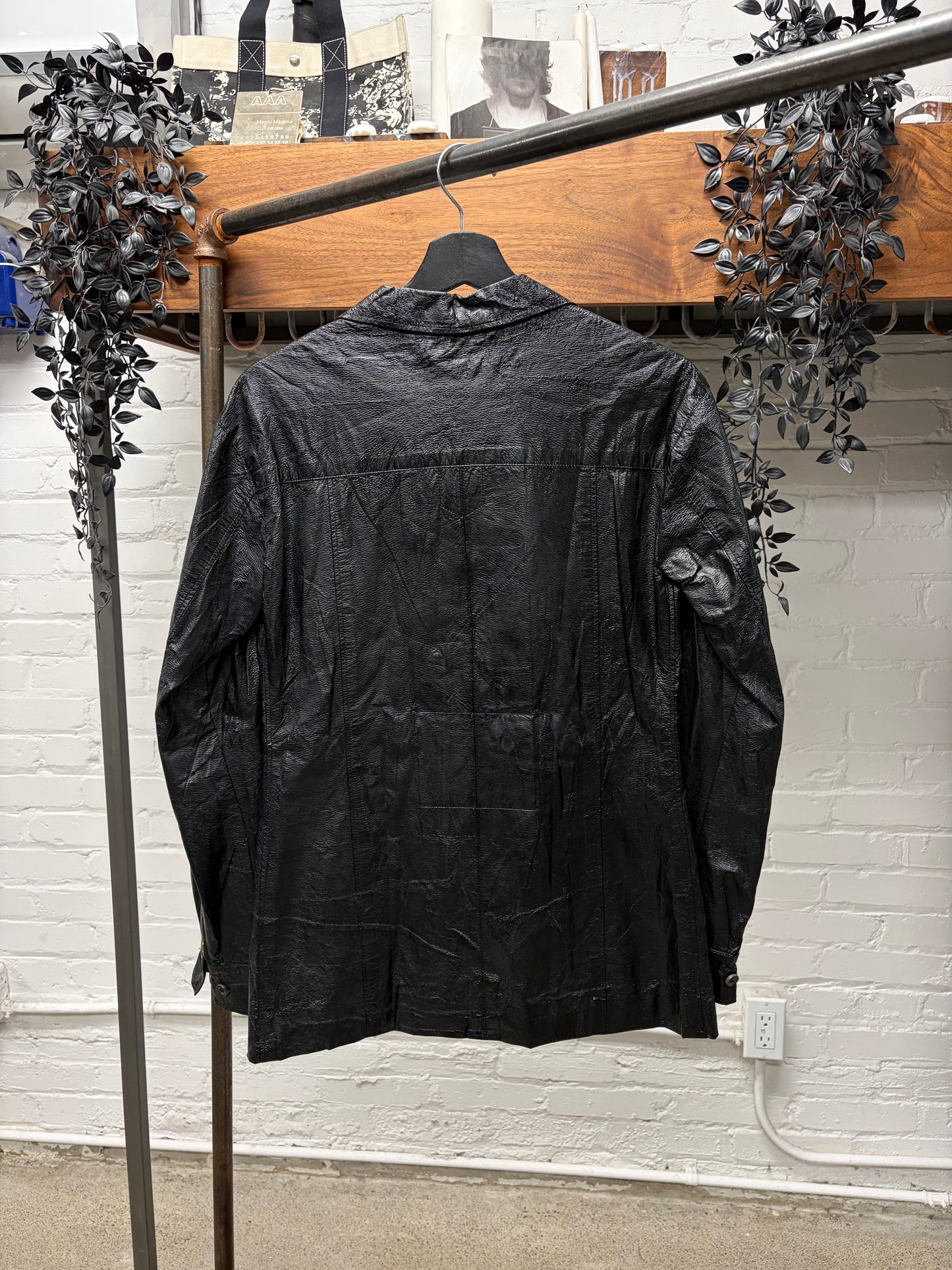 2007 Yves Saint Laurent Rive Gauche Lace Up Vinyl Waxed Black Jacket