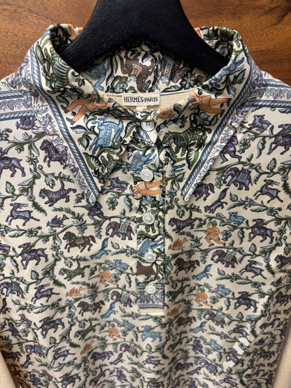 Vintage Hermes by Martin Margiela ‘"Chasse en Inde" Silk/Wool Knit 1/4 Button Up Shirt