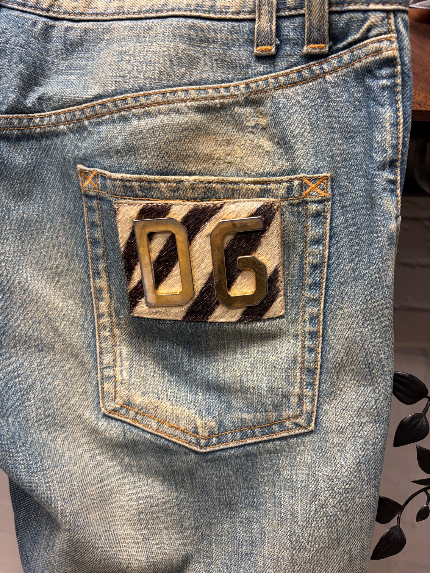 Dolce & Gabbana Mainline ‘Zebra’ Pony Hair Patch D&G Logo Washed Blue Jeans