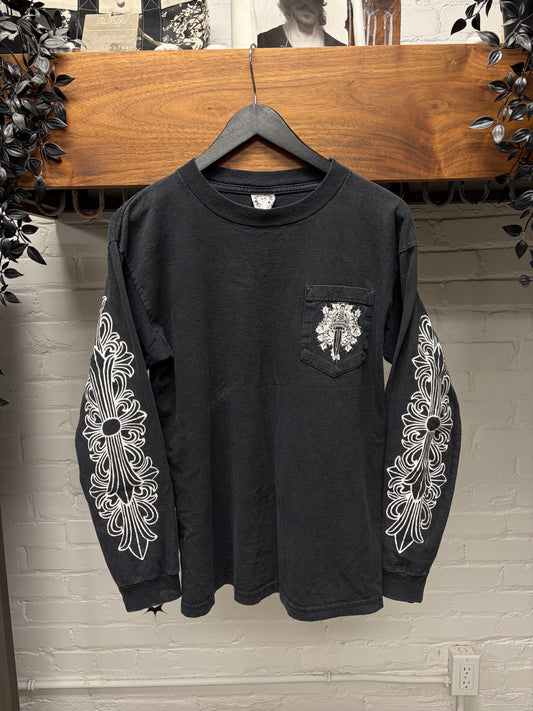 Vintage 90s Chrome Hearts Faded Black Floral/Dagger Logo Long Sleeve Shirt