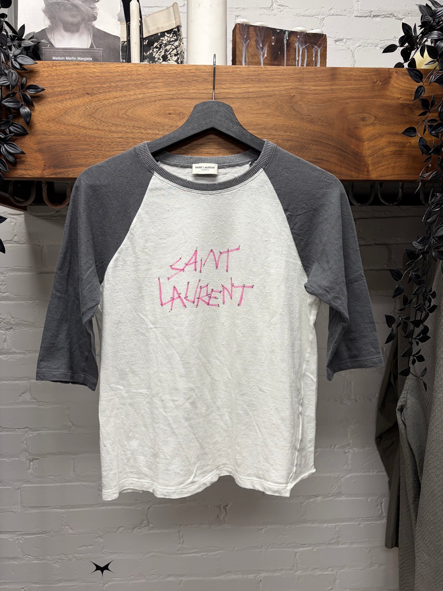2018 Saint Laurent ‘Constellations’ White/Pink Baseball Sleeve Shirt