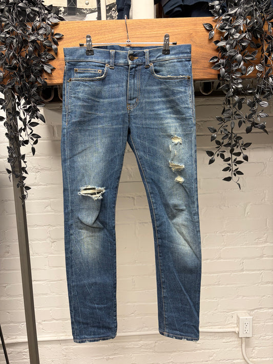 2018 Saint Laurent ‘D02’ Distressed Blue Skinny Jeans