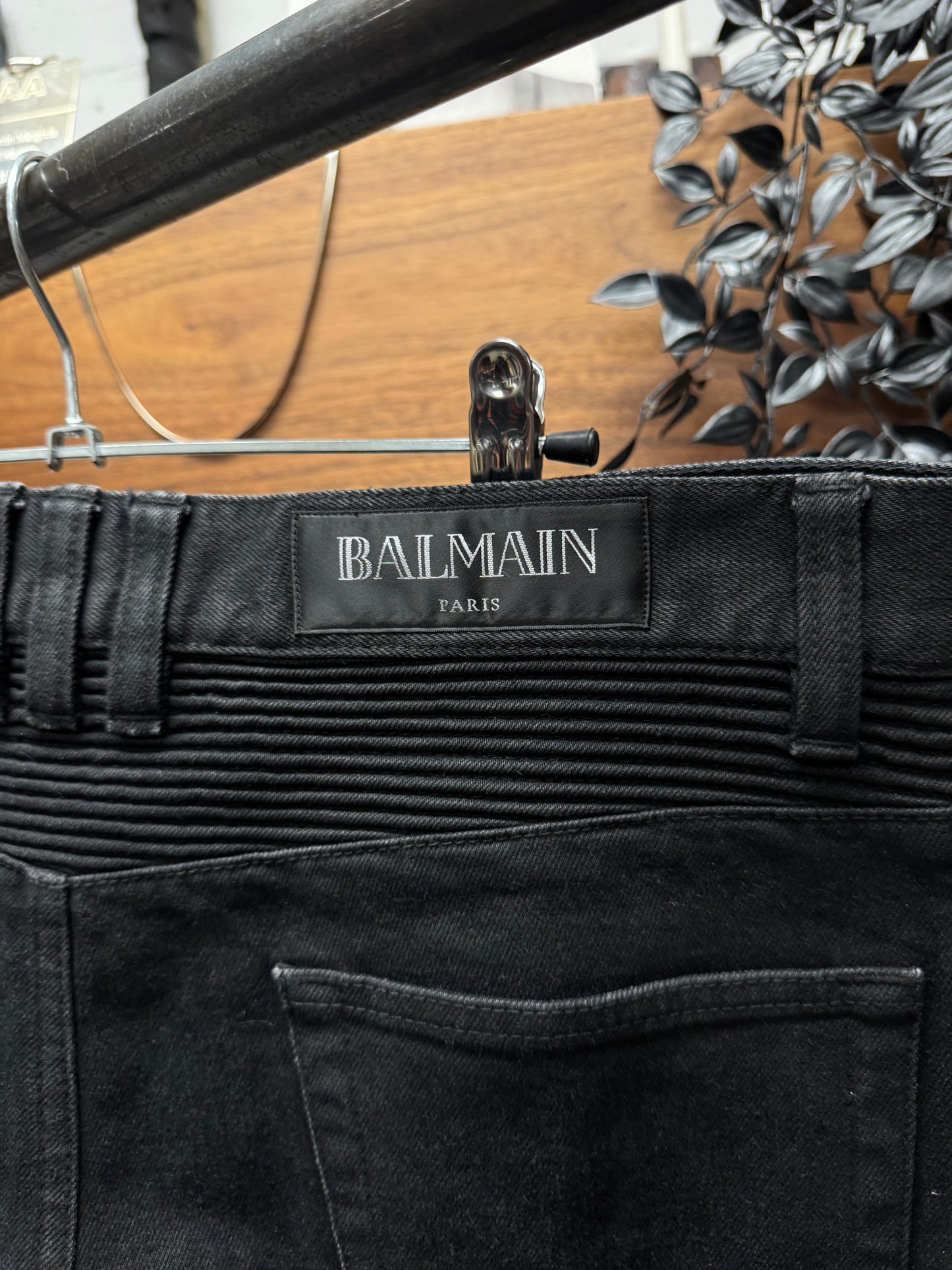 Balmain Waxed Black Classic Biker Knee Denim