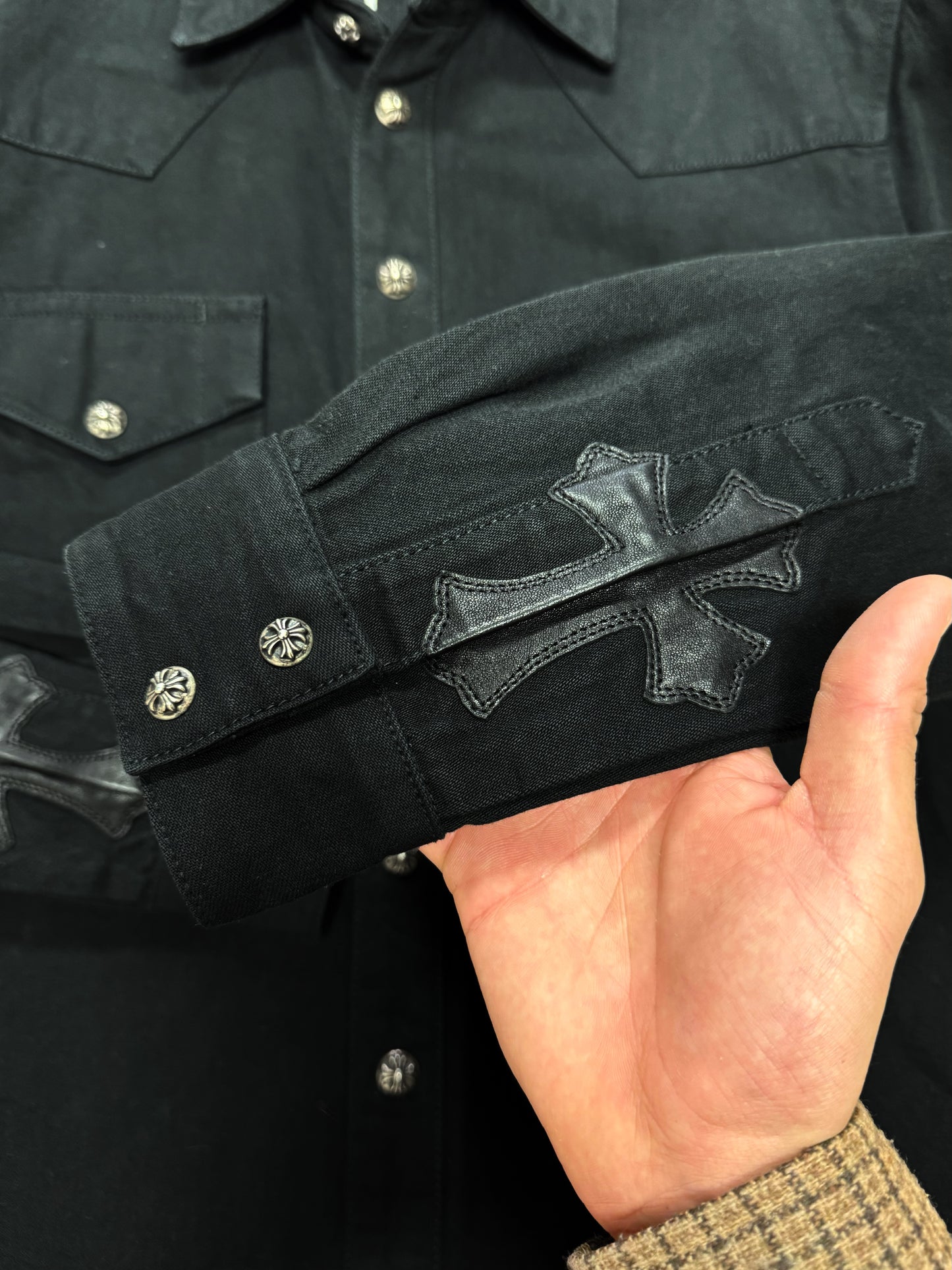 Chrome Hearts Leather Cross Patch Denim Western Shirt