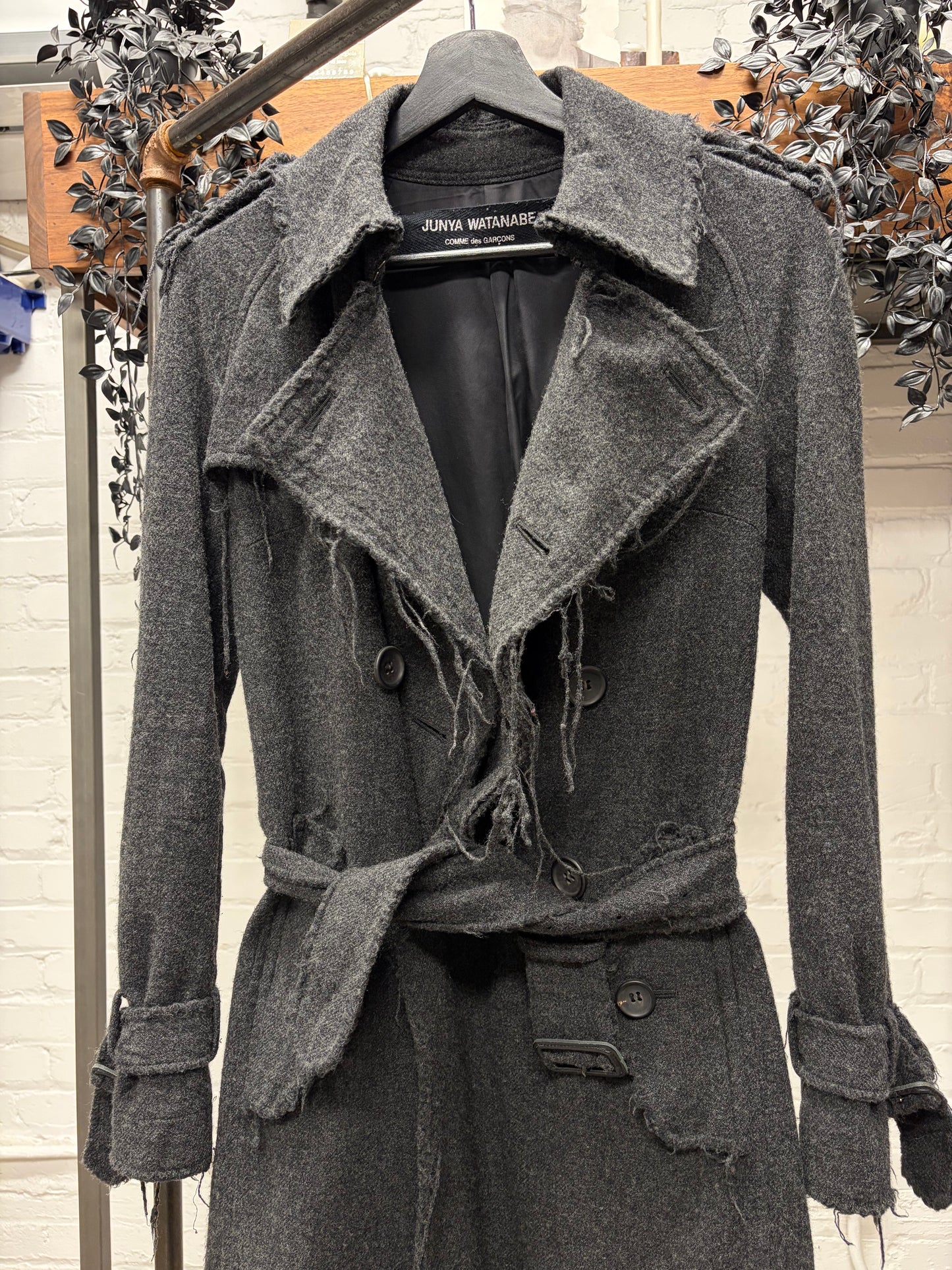 AW2003 Junya Watanabe Distressed Wool Double Breasted Trench Coat