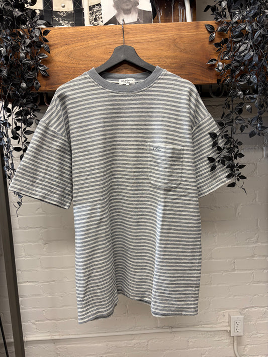 Vintage Yves Saint Laurent ‘YSL Logo’ Embroidered Blue/Grey Striped Logo T-Shirt