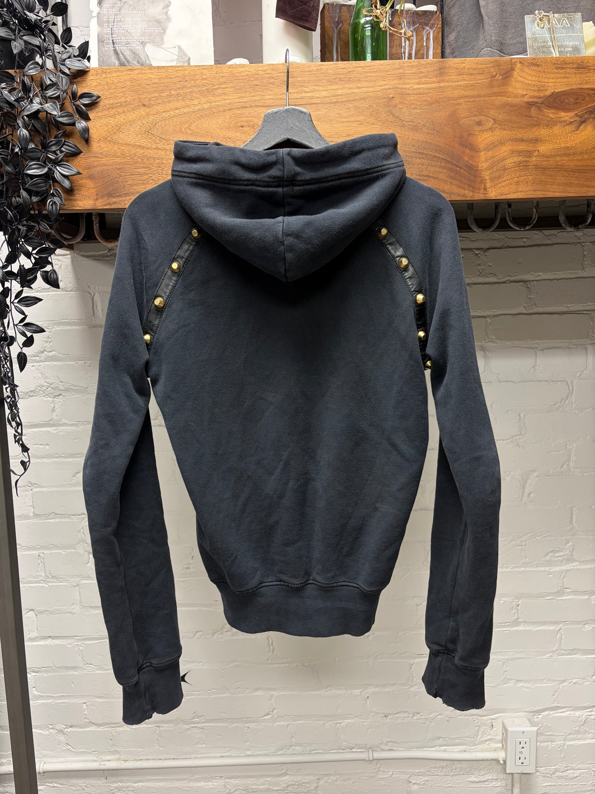 2000s Dsquared2 Studded Black Cursive Fade' Cropped Hoodie with Leather Trim