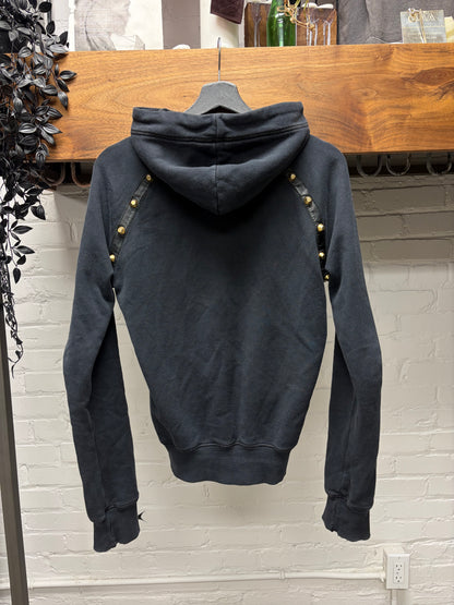 2000s Dsquared2 Studded Black Cursive Fade' Cropped Hoodie with Leather Trim