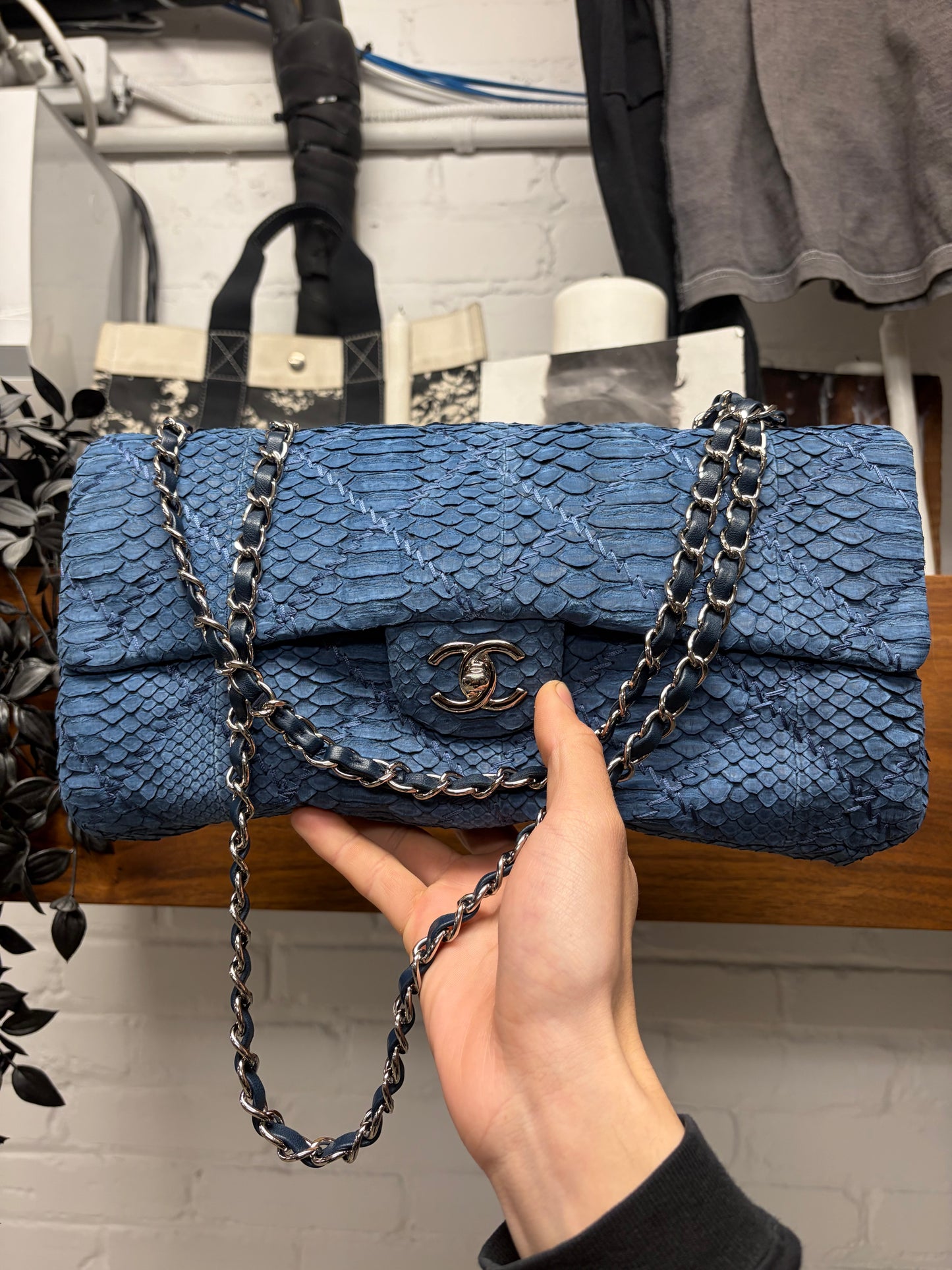 Chanel Blue Python Leather Classic ‘Flap Bag’ with Silver Hardware