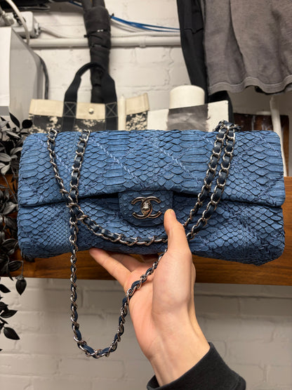 Chanel Blue Python Leather Classic ‘Flap Bag’ with Silver Hardware