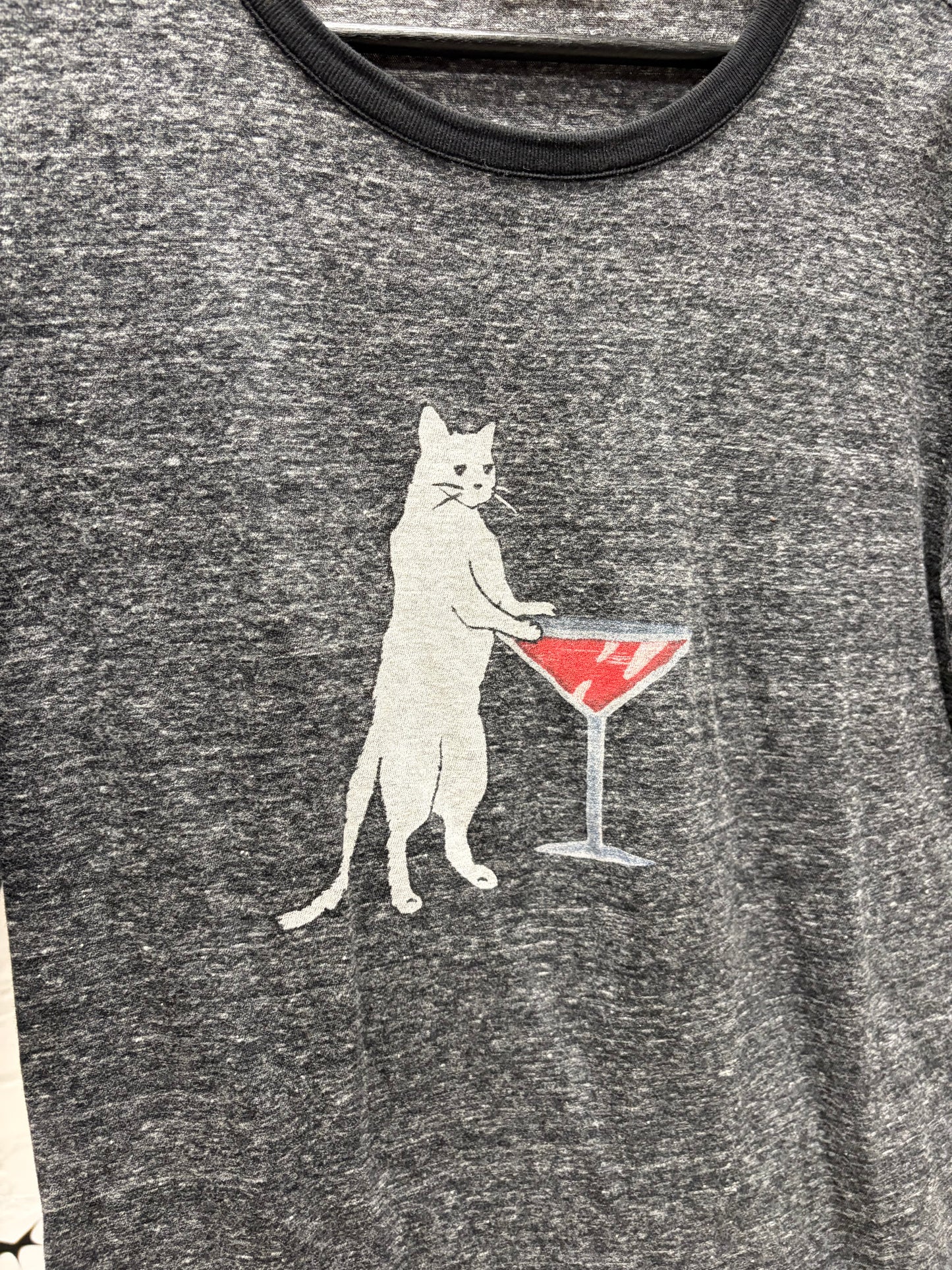 2017 Saint Laurent ‘Martini Cat’ Speckled Grey Graphic T-Shirt