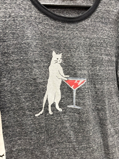 2017 Saint Laurent ‘Martini Cat’ Speckled Grey Graphic T-Shirt