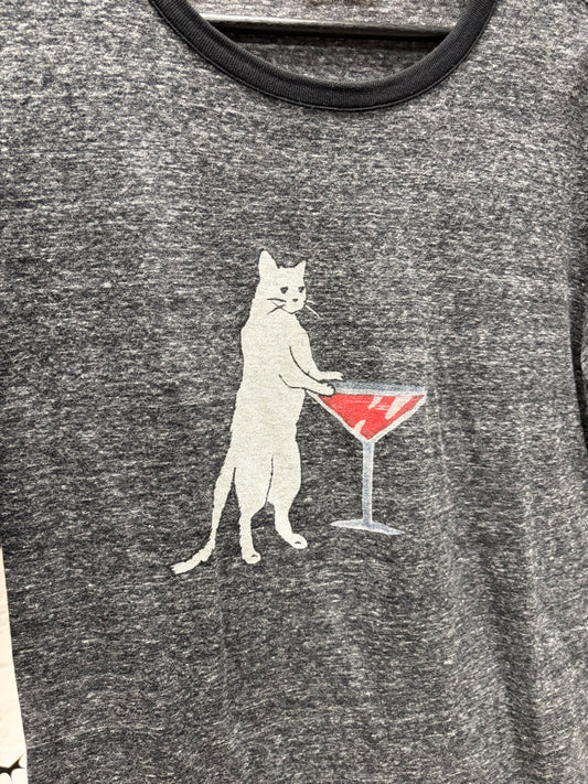 2017 Saint Laurent ‘Martini Cat’ Speckled Grey Graphic T-Shirt