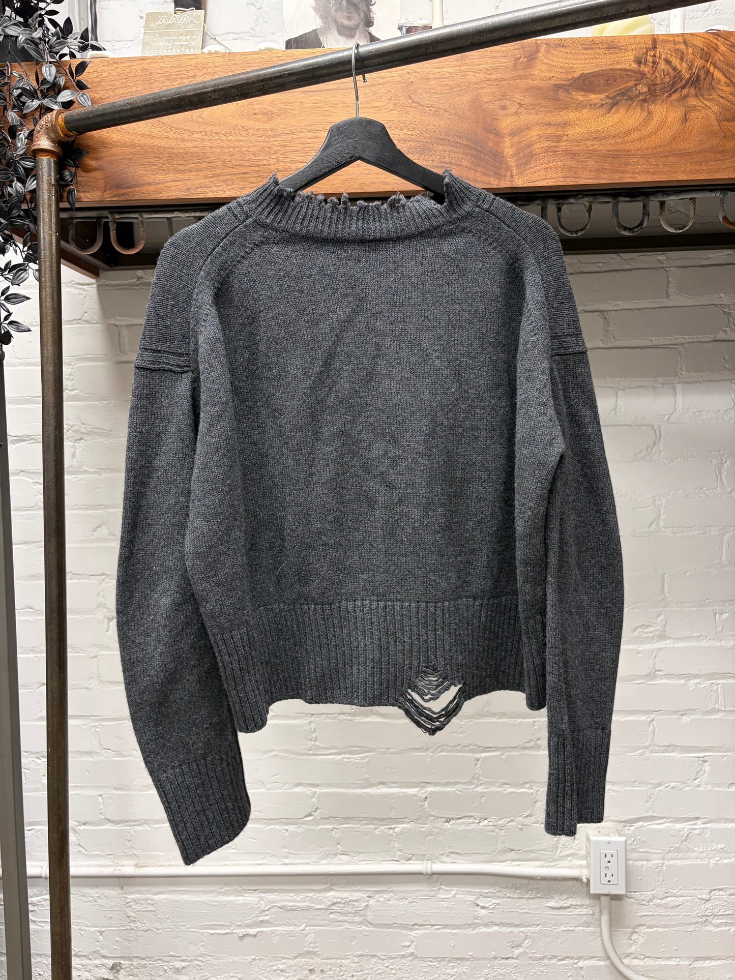 Helmut Lang Cropped Grey Raw Hem Distressed Sweater