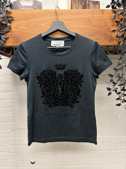 2000s Yves Saint Laurent Rive Gauche ‘Crest Logo’ Velour/Cotton T-Shirt