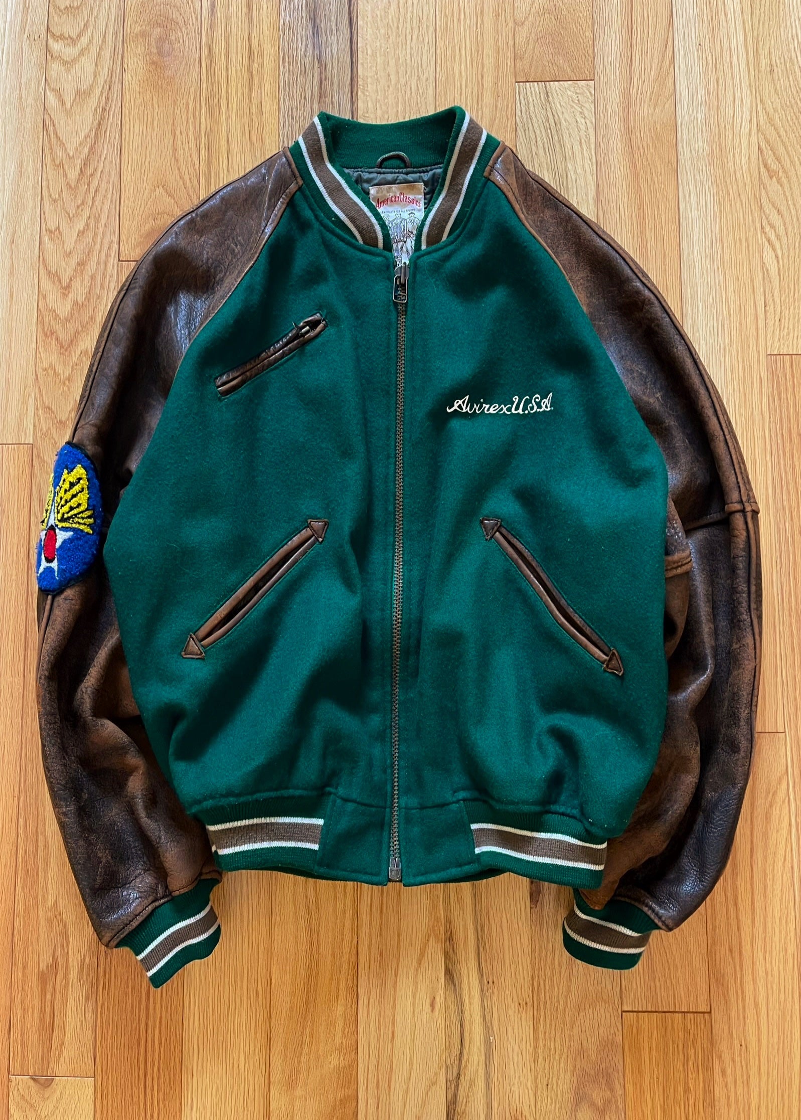 1990's Avirex 'USA' Forest Green Wool/Brown Leather Bomber Jacket 