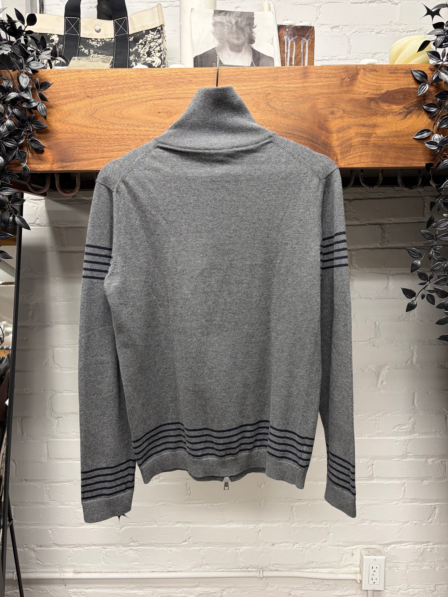 2000s Gucci by Frida Giannini ‘Varsity Crest’ Grey Wool Sweater with Navy Striping