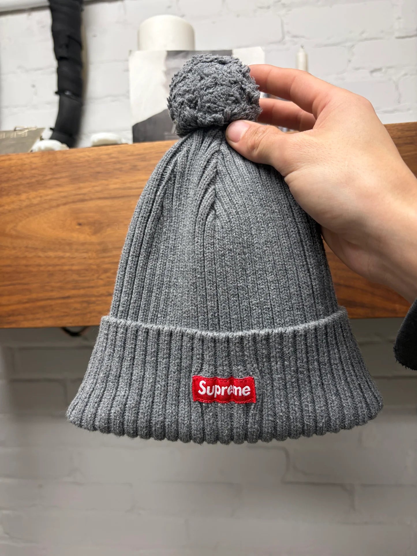 AW2013 Supreme Grey Box Logo Pom Pom Beanie