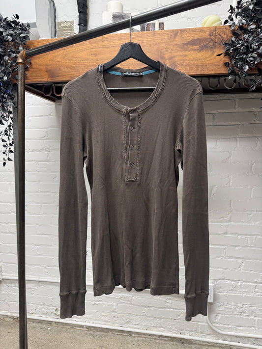 2000s Dolce & Gabbana Ribbed Brown ‘Frayed Cotton’ Henley Long Sleeve