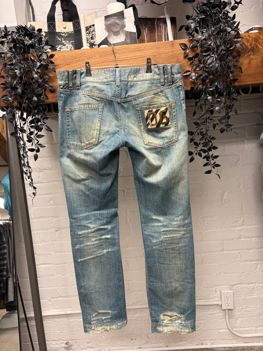 Dolce & Gabbana Mainline ‘Zebra’ Pony Hair Patch D&G Logo Washed Blue Jeans