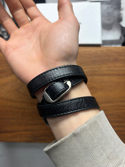Balenciaga ‘Tour’ Triple Wrapped Black Calfskin Leather/Silver Stud Bracelet