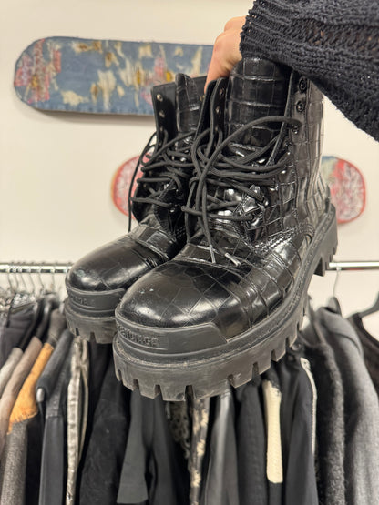 Balenciaga ‘Strike’ Croc Embossed Leather Combat Boots