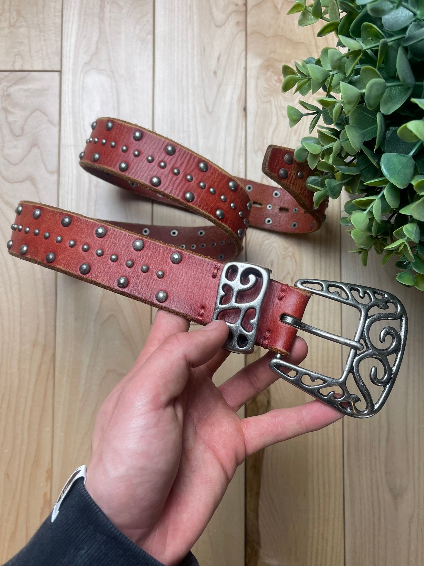 Tornado Mart Studded Silver Buckle Red Leather Belt