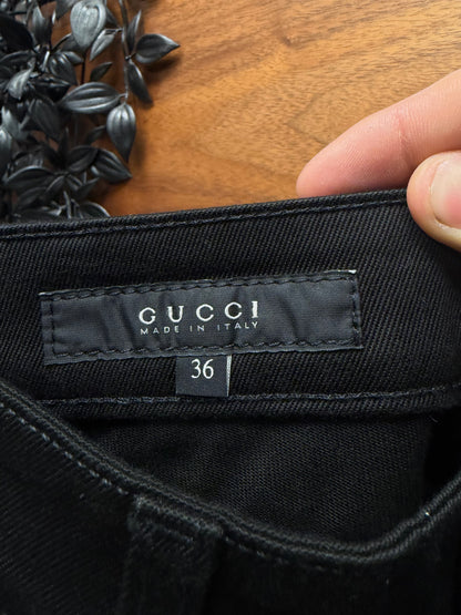 2009 Gucci ‘Chihuahua’ Embroidered ‘Pocket Caricature’ Skinny Black Flared Denim
