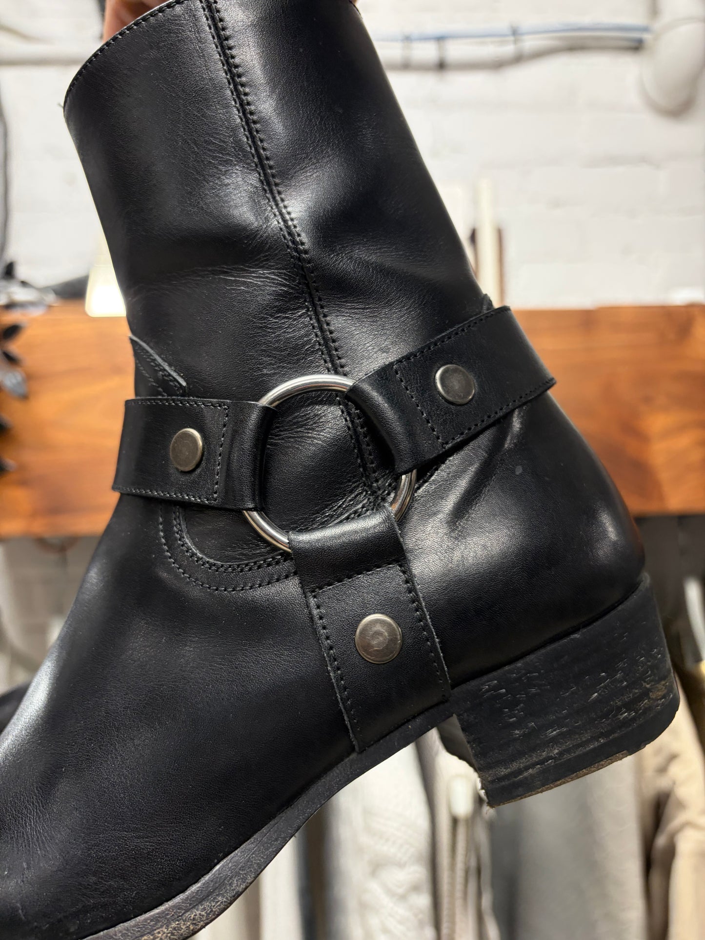 Saint Laurent Black Leather ‘Wyatt’ Harness Pointed Toe Boots