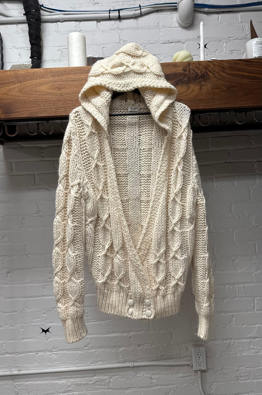 AW2020 Saint Laurent ‘Baja’ Cream Cable Knit Hooded Sweater