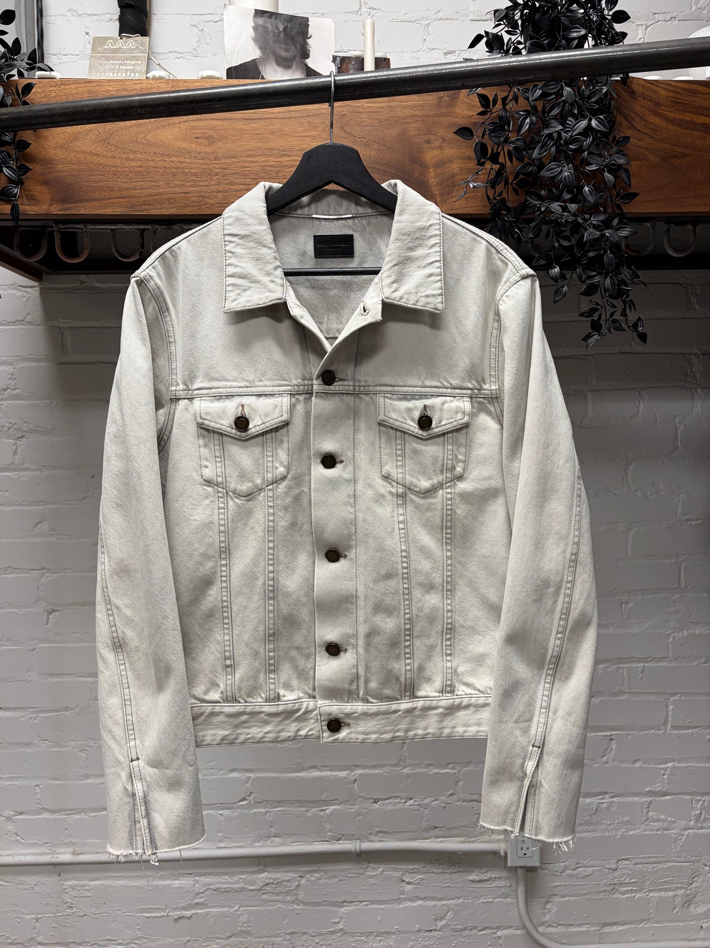 2020 Saint Laurent Paint Coated White Denim Trucker Jacket