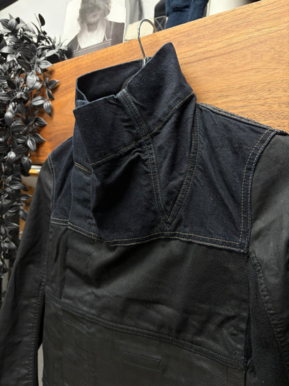 SS2016 Rick Owens ‘Cyclops’ Leather/Raw Denim High Neck Jacket
