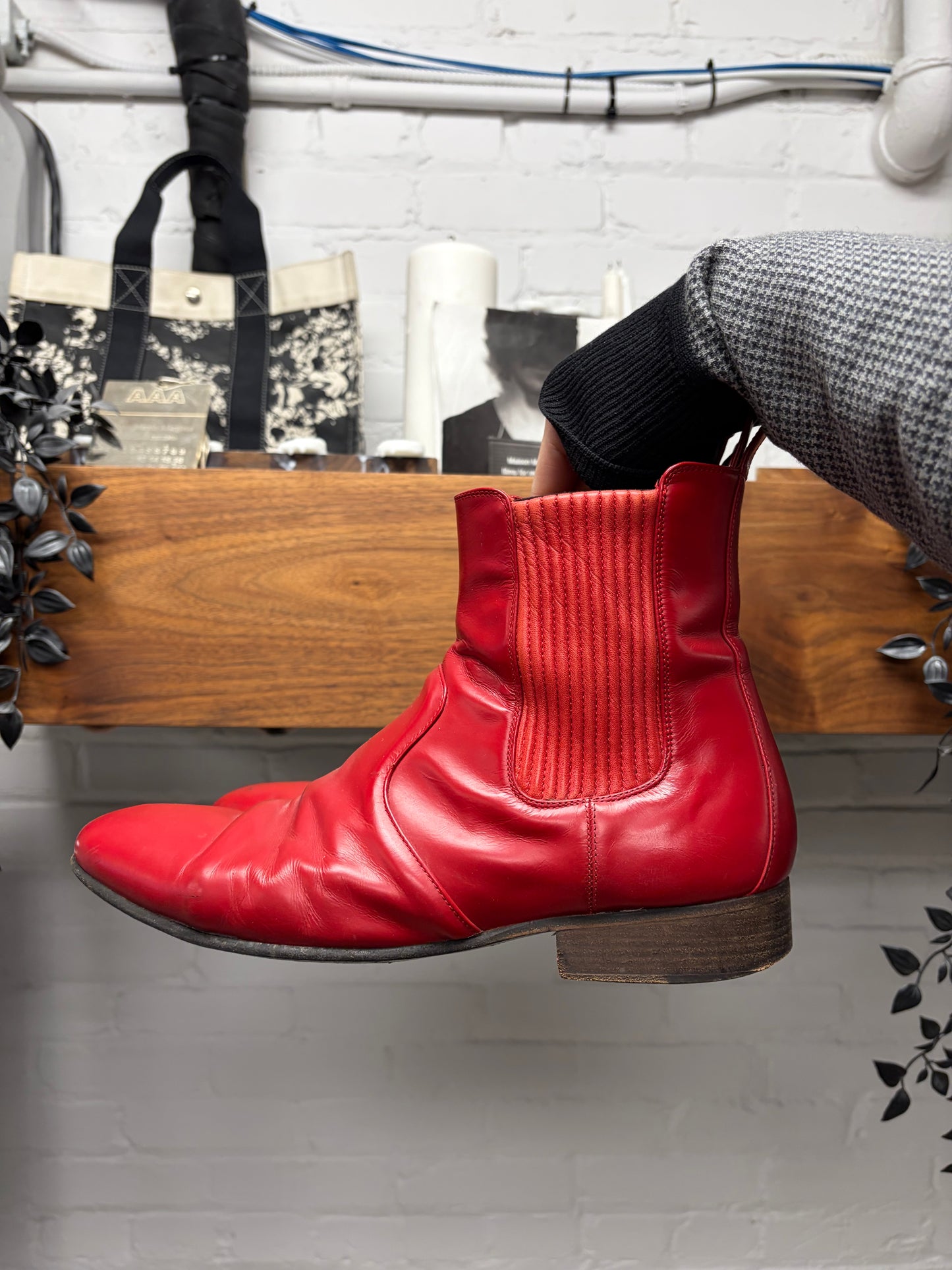 Balenciaga Red Pointed Toe Calfskin Leather Chelsea Boots