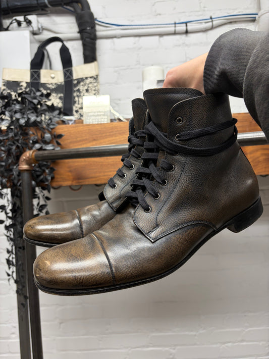 Prada Faded Brown Leather ‘Natural Patina’ Combat Boots