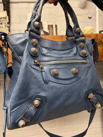 Balenciaga ‘Giant’ Blue Lambskin ‘City Bag’ with Silver Hardware