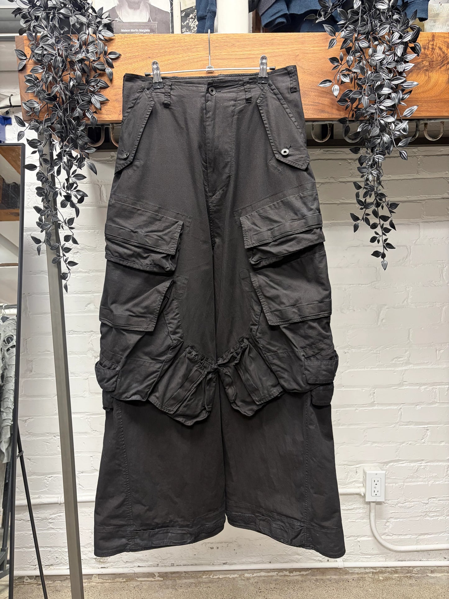 AW2024 Julius ‘Gas Mask’ Cotton/Nylon Black Wide Leg Cargo Pants
